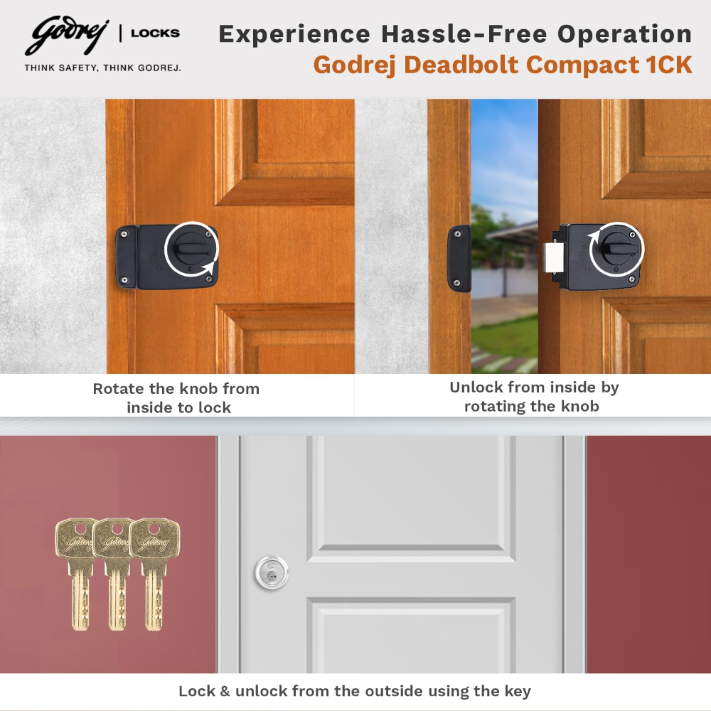 Godrej Rim Lock I Deadbolt Compact I 1CK Deadbolt I for Inside Opening Wooden Main Door | Left Right Handed Doors I 3 Keys I 1 Years Warranty I Textured Black Finish